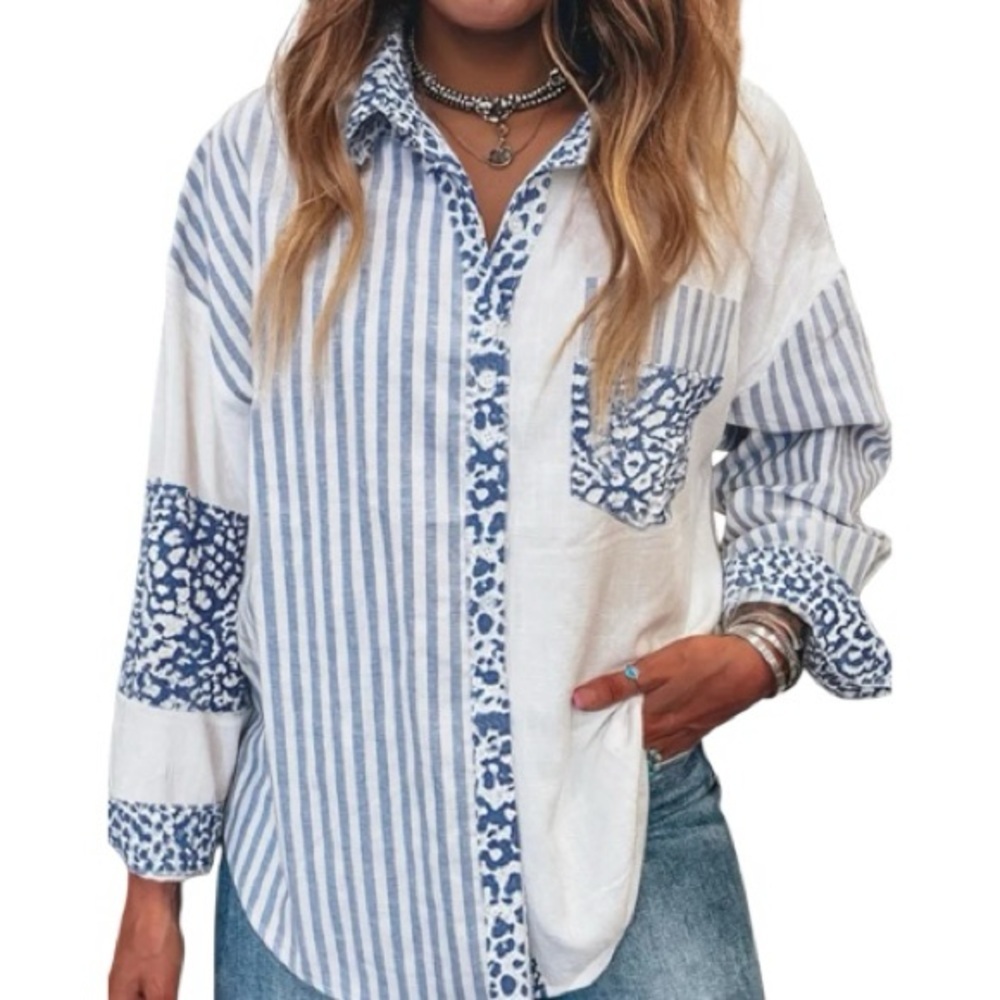 NEW Striped Patchwork Button Shirt w/ Leopard Pri… - image 3